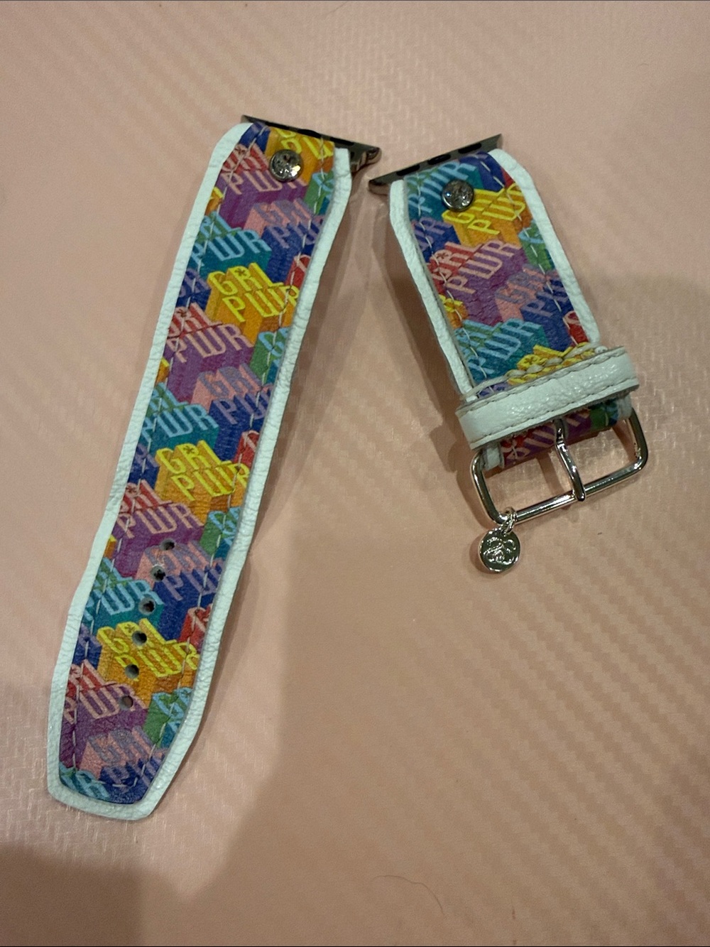 Multicolor Patterned Leather Watch Strap with White Trim